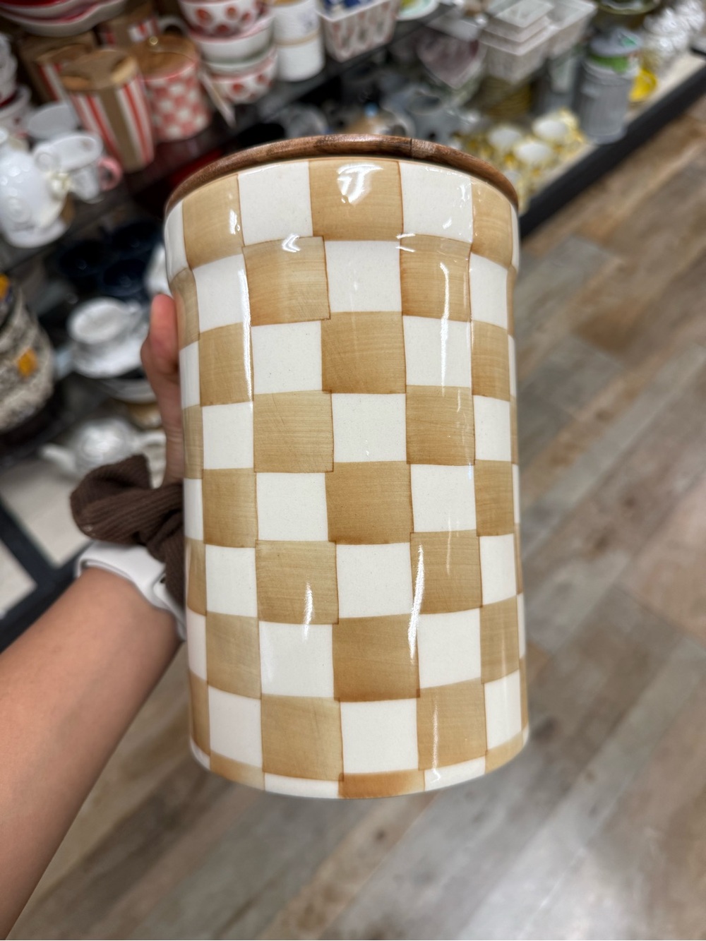 Checkerboard Ceramic Utensil Holder - Cream and Tan